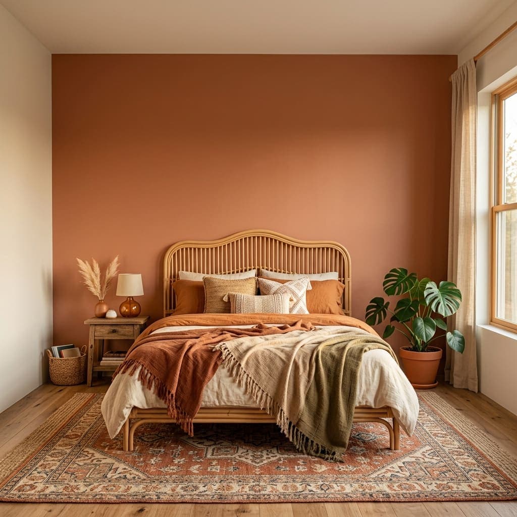Boho bedroom with a bare white wall behind a rattan bed
