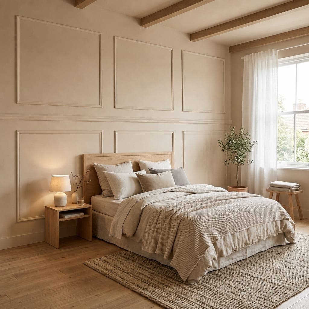 The same bedroom with two tiers of cream panelling divided by a dado rail