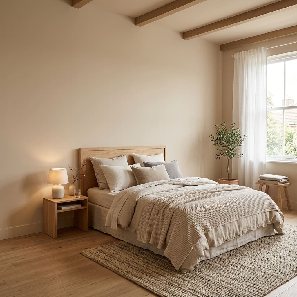 Cottage bedroom with bare cream walls and ceiling beams
