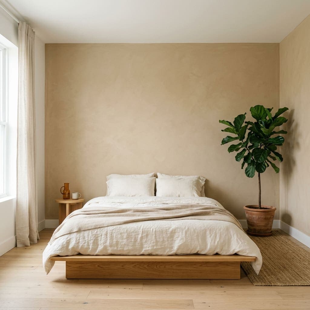 Minimal bedroom with a bare sand-coloured plaster wall