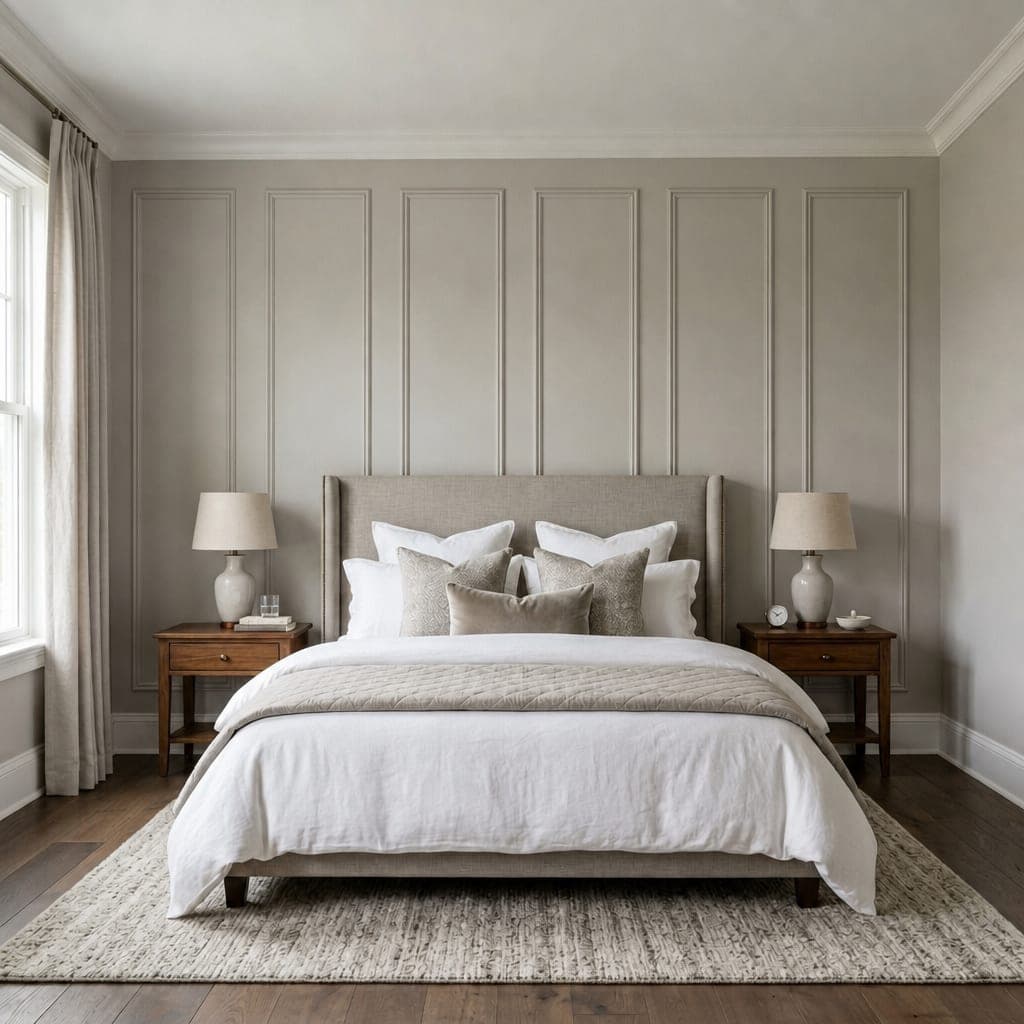 The same bedroom with six slim full-height panels in pale grey